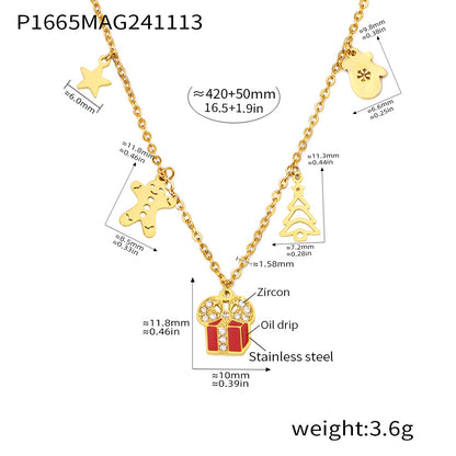 Gold Stainless Steel Christmas Necklace Collection | Reindeer, Tree, Bell, Sock, and Gift Box Oil Drop Zircon Pendants