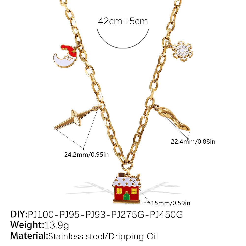 Halloween Christmas Gold Plated Stainless Steel Necklace - Heart Tree Tassel Pendant - Drip Oil Design - Minimalist Fashion Jewelry for Women