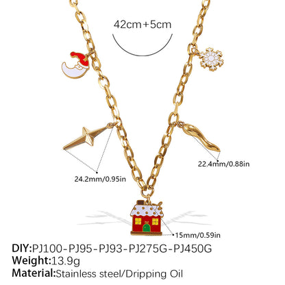 Halloween Christmas Gold Plated Stainless Steel Necklace - Heart Tree Tassel Pendant - Drip Oil Design - Minimalist Fashion Jewelry for Women