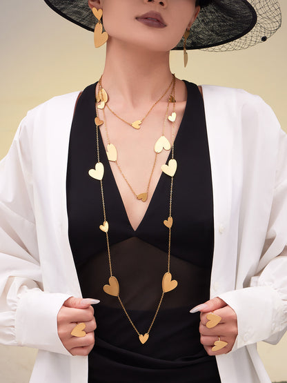 Stainless Steel Heart Sweater Chain Jewelry Set – Long Heart Necklace + Heart Earrings + Heart Ring | Fashion Gift Set