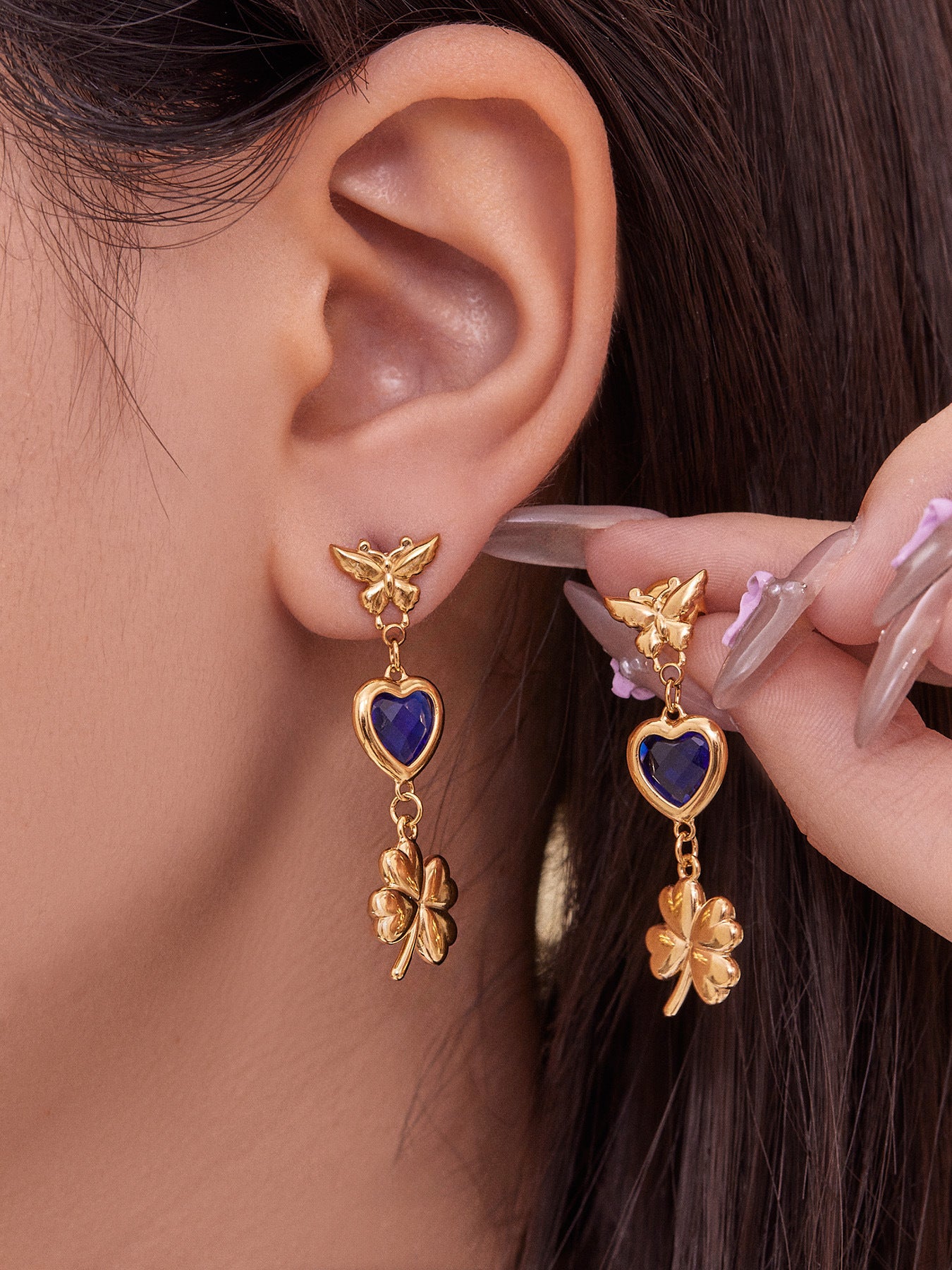 3D Butterfly & Clover Dangle Earrings with Heart Cubic Zirconia | Fashion Drop Earrings Set