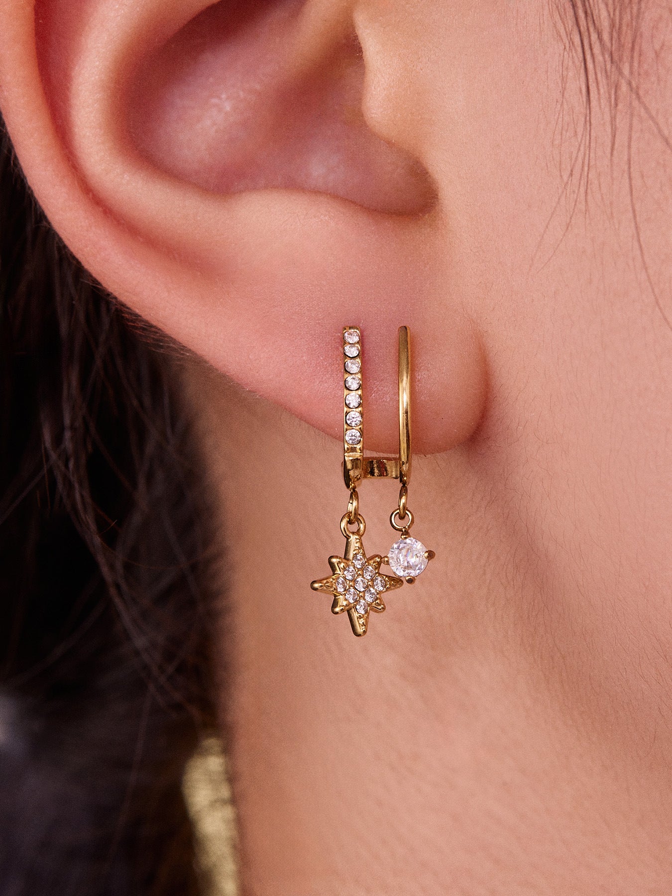 Eight-Pointed Star Zircon Earrings – Minimalist Geometric Stainless Steel Hoop Earrings | WANTI Jewelry