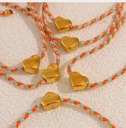 18K Gold Plated Titanium Steel Heart Pendant with Colorful Woven Cotton Cord | Stylish & Trendy Jewelry