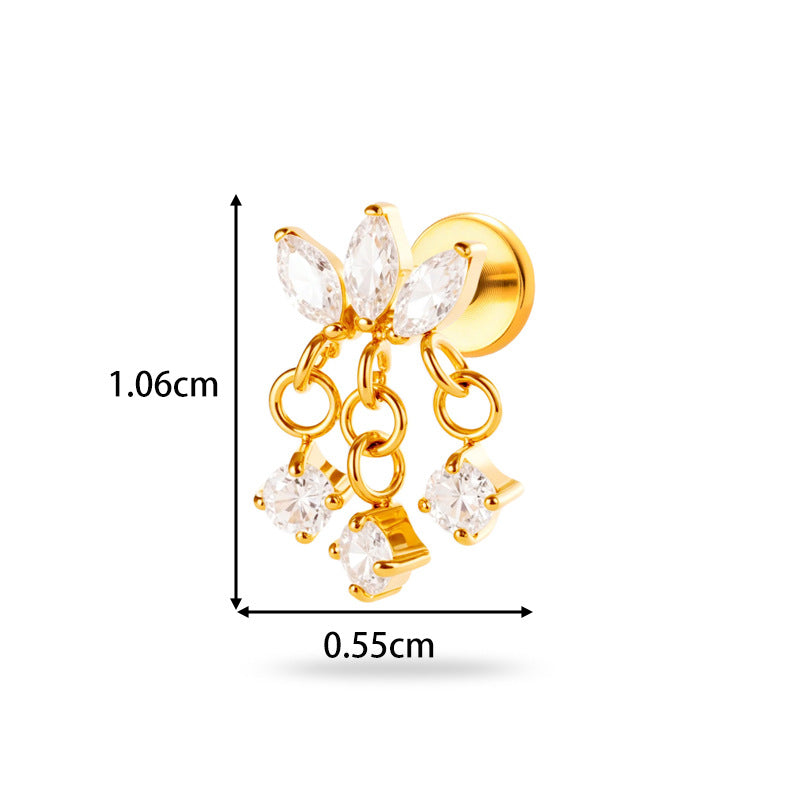 Implant Grade ASTM F136 Titanium Threadless Push Pin Zircon Chain Dangle Flat Back Stud | Geometric Cartilage Helix Tragus Lip Piercing Jewelry
