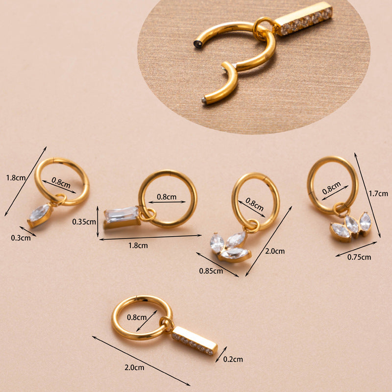 Titanium Zirconia Dangle Piercing Earrings – One-Piece Clasp Design for Earlobe & Cartilage