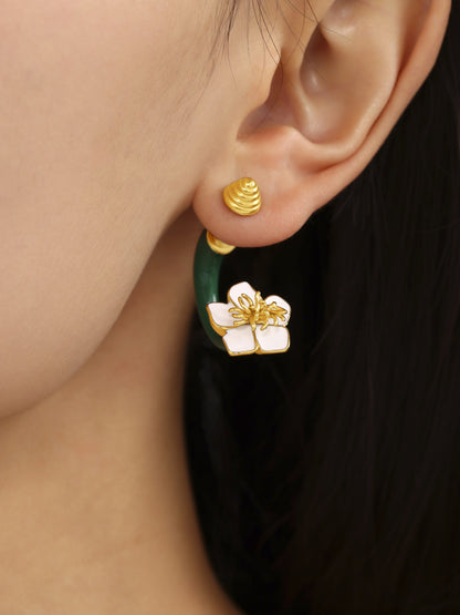 Enamel Camellia Screw Earrings – Elegant Double-Sided Stainless Steel Floral Earrings for Women
