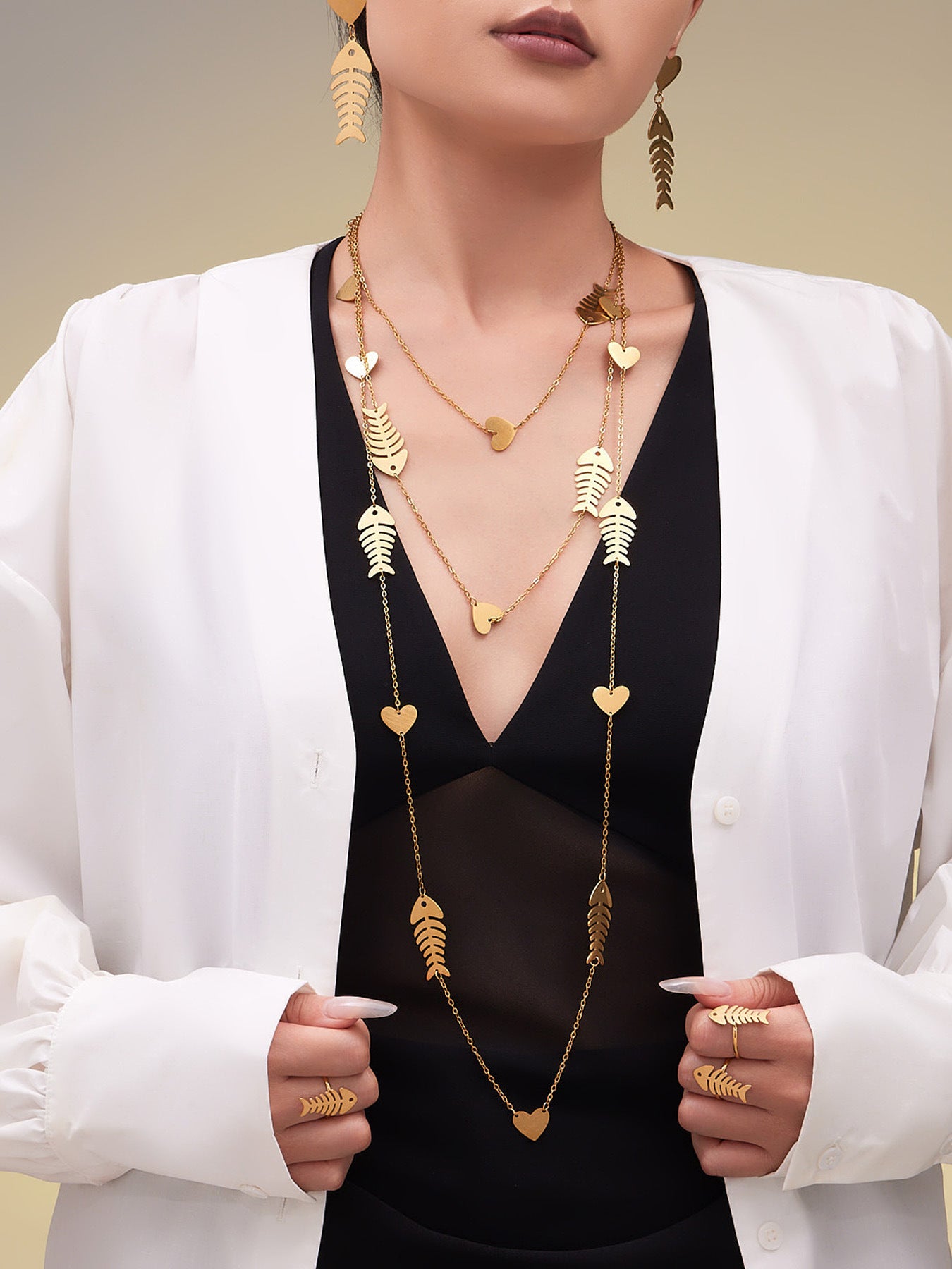 Hollow Fishbone Heart Necklace, Earrings & Ring Set – Long Sweater Chain Jewelry, Fashion Statement Set for Women