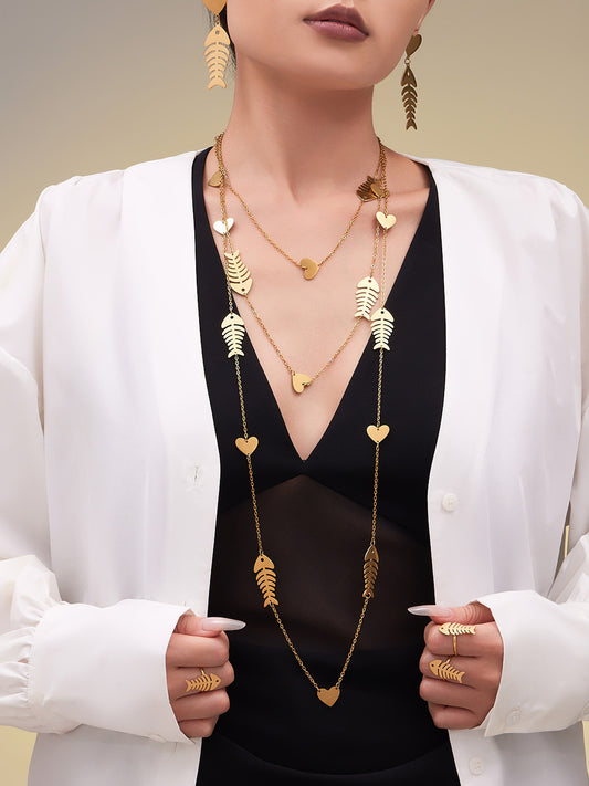 Hollow Fishbone Heart Necklace, Earrings & Ring Set – Long Sweater Chain Jewelry, Fashion Statement Set for Women