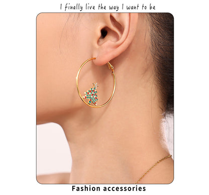 Gold Stainless Steel Christmas Tree Zircon Hoop Earrings | Festive Statement Jewelry for Holiday Style – WANTI Jewelry