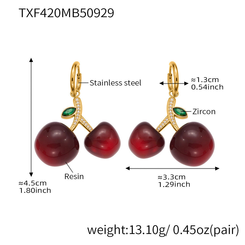 Cherry Zircon Jewelry Set | Gold & Silver Stainless Steel Necklace, Bracelet & Earrings | Trendy Red Resin Cherry Collection by WANTI Jewelry