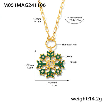Gold Stainless Steel Christmas Snowflake Long Necklace – White, Green & Red Enamel Pendant Holiday Jewelry