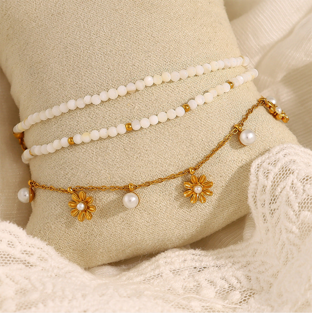 18K Gold Plated Titanium Steel Pearl & Shell Beaded Flower Pendant Necklace | Elegant Fashion Jewelry