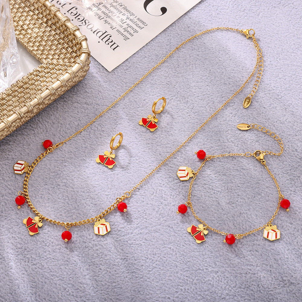 Gold Plated Stainless Steel Double-Layer Bell & Apple Gift Necklace & Bracelet – Garnet Drop