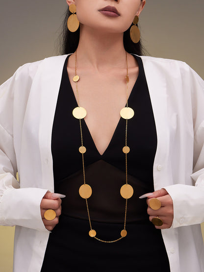 Stainless Steel Long Pendant Sweater Necklace, Drop Earrings & Ring Set – Gold Minimalist Round Disc Jewelry