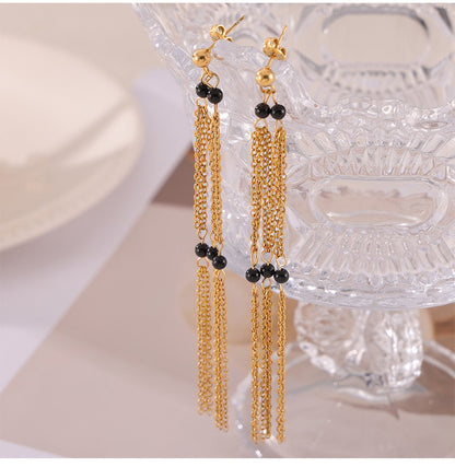 Vintage Black Onyx Tassel Jewelry Set – Stainless Steel Necklace & Earrings | Retro Elegant Fashion Jewelry | Hypoallergenic Gift Set