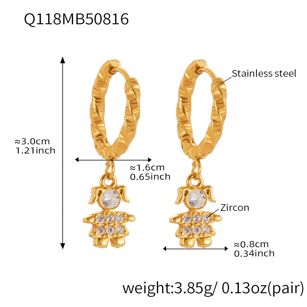 Trendy Stainless Steel Zircon Pendant Hoop Earrings Set – Creative Human & Animal Shapes, Gold Plated Fashion Jewelry