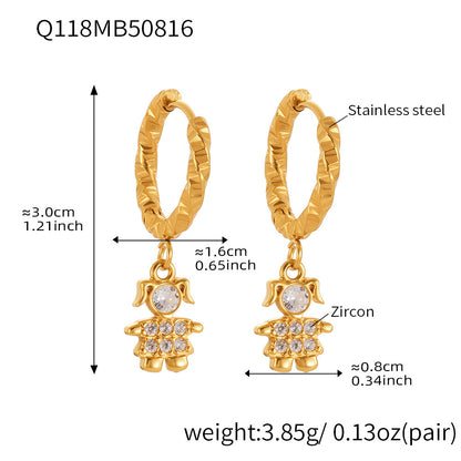 Trendy Stainless Steel Zircon Pendant Hoop Earrings Set – Creative Human & Animal Shapes, Gold Plated Fashion Jewelry