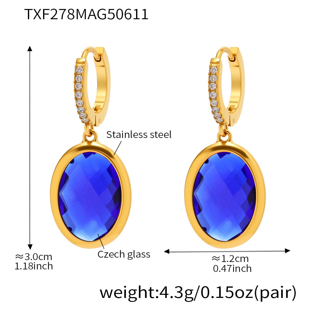 Colorful Oval Glass Stone Stainless Steel Drop Earrings – Elegant Lightweight Statement Jewelry | WANTI Jewelry