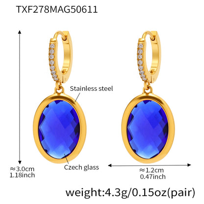 Colorful Oval Glass Stone Stainless Steel Drop Earrings – Elegant Lightweight Statement Jewelry | WANTI Jewelry