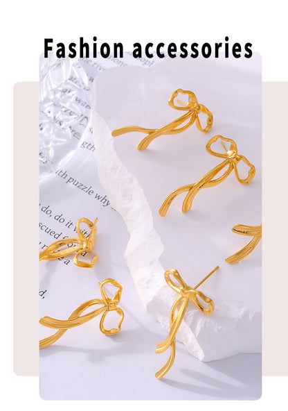 Stainless Steel Ribbon Bow Stud Earrings – Minimalist Chic Fashion Jewelry | WANTI