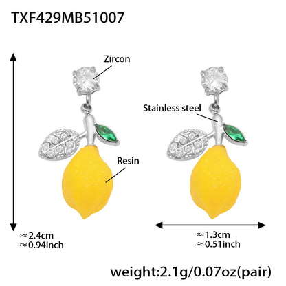 Stainless Steel Resin Lemon Zircon Pendant Necklace, Earrings, Bracelet & Ring Jewelry Set