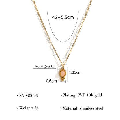 18K Gold Plated Stainless Steel Oval & Round Crystal Pendant Necklace | Colorful Zircon & Rose Quartz Jewelry for Women
