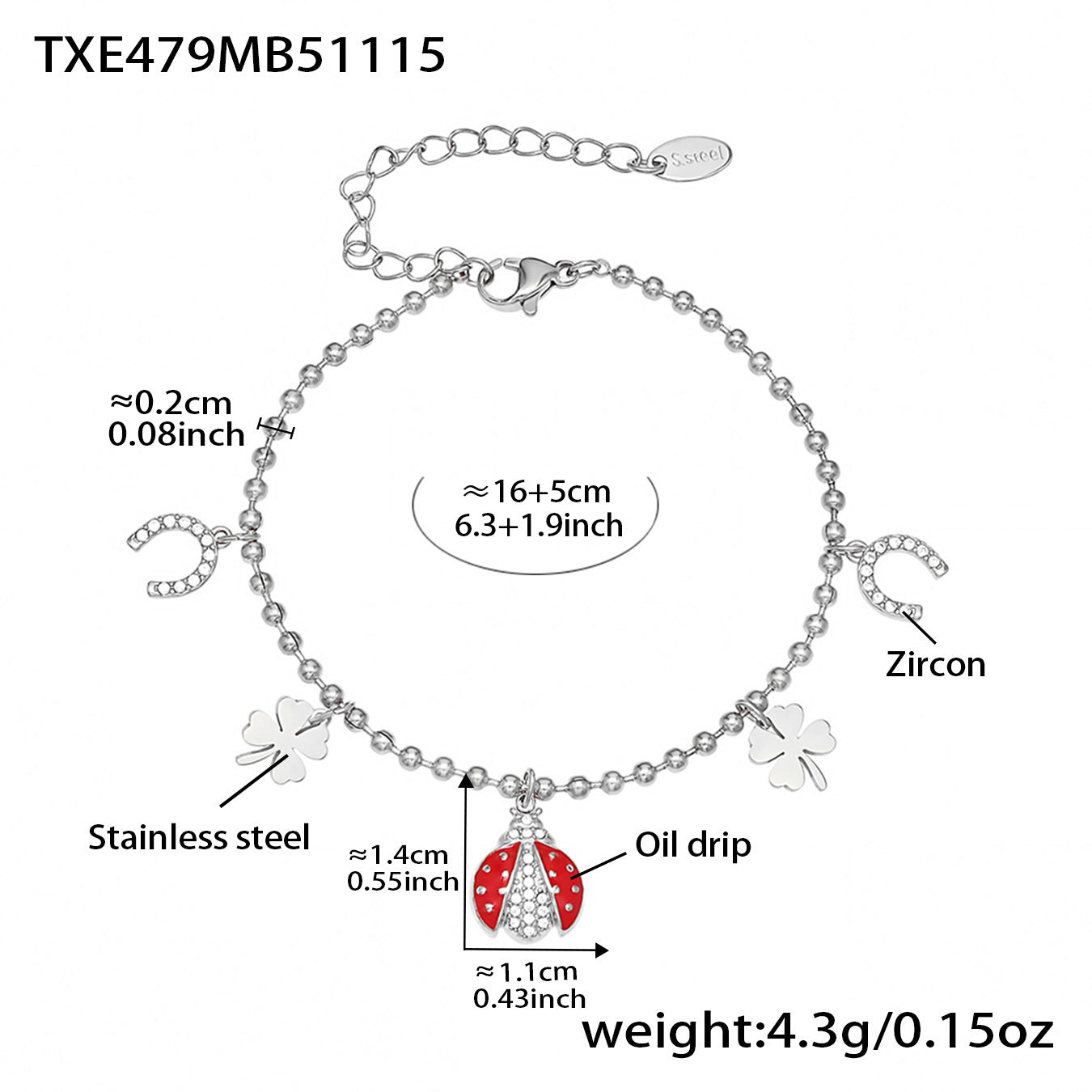 Ladybug Pendant Necklace & Earrings Bracelet Anklet Set – Stainless Steel Cute Lucky Beetle Jewelry