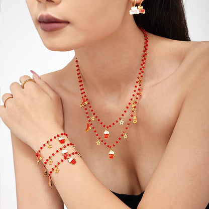 Christmas Ice Skate Star Champagne Pendant Enamel Necklace & Bracelet Set – Gold Plated Stainless Steel Festive Jewelry