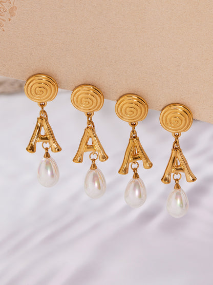 Stainless Steel Letter A Pearl Drop Earrings – Spiral Circle Design | Elegant Statement Earrings for Women