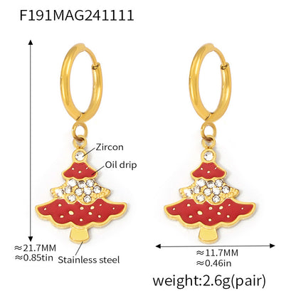Gold Stainless Steel Christmas Tree Earrings | Zircon & Enamel Drop Hoop Holiday Jewelry – WANTI Jewelry
