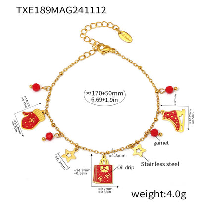 Gold Stainless Steel Garnet Christmas Necklace & Bracelet | Festive Gift Jewelry Set for Women