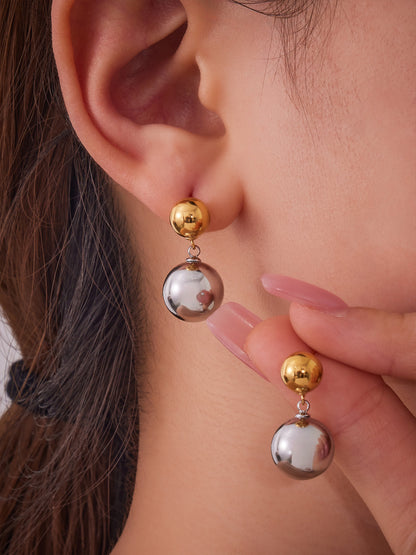 Stainless Steel Two-Tone Ball Drop Earrings – Modern Minimalist Statement Dangle Earrings