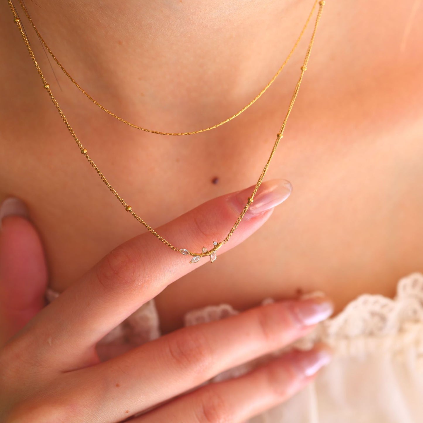 18K Gold Plated Titanium Steel Olive Leaf Pendant Necklace with Double Layered Crystal | Elegant Fashion Jewelry