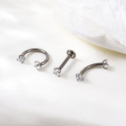 G23/F136 Titanium 3mm CZ Internally Threaded Labret, Curved Barbell & Horseshoe Piercing Jewelry – Silver