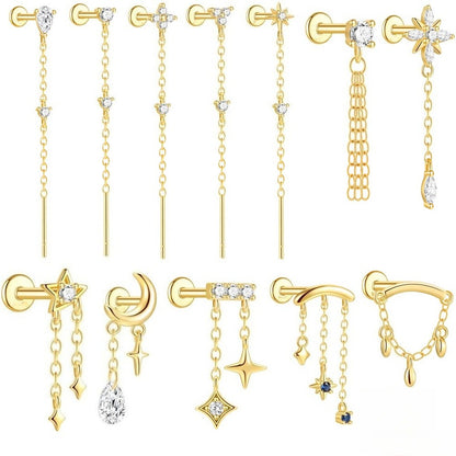 ASTM F136 Star/Moon Chain Tassel Threaded Cartilage Piercing Earrings Ear Studs