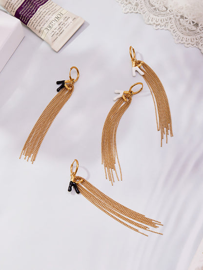 Stainless Steel Letter K Tassel Earrings – Vintage Enamel Drip Long Chain Earrings, High-End Fashion Jewelry for Women