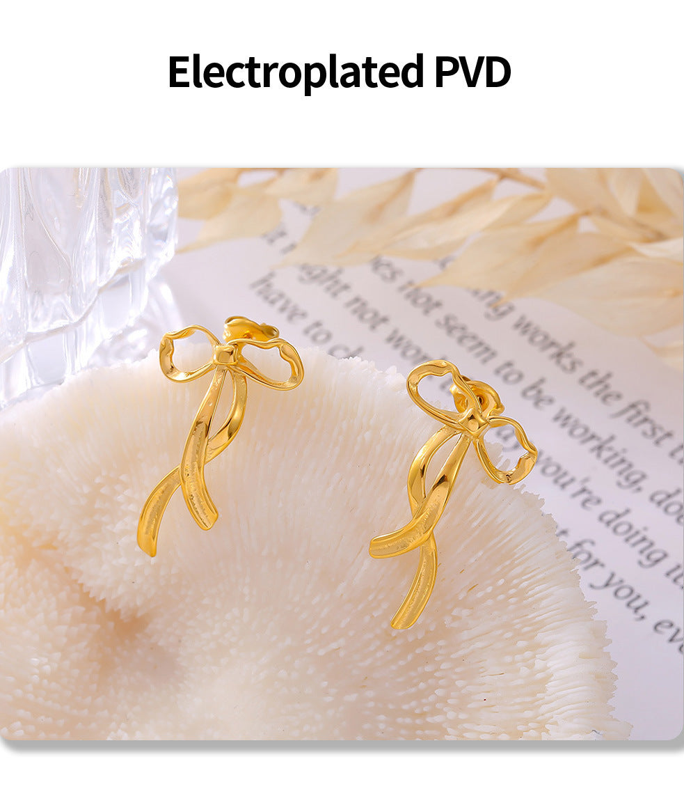Stainless Steel Ribbon Bow Stud Earrings – Minimalist Chic Fashion Jewelry | WANTI