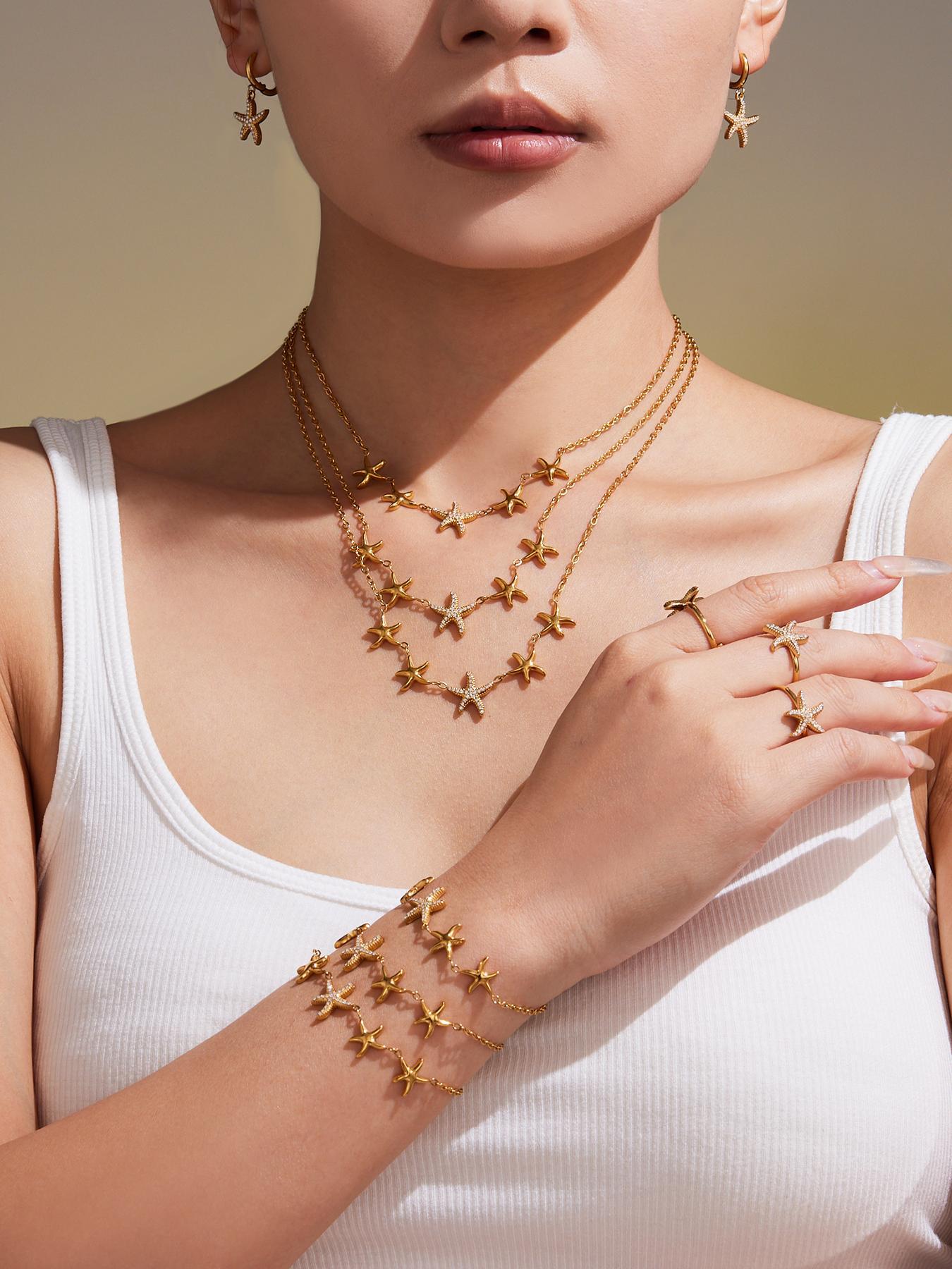 Ocean Star Pendant Necklace, Bracelet, Earrings & Ring Jewelry Set - Gold Stainless Steel