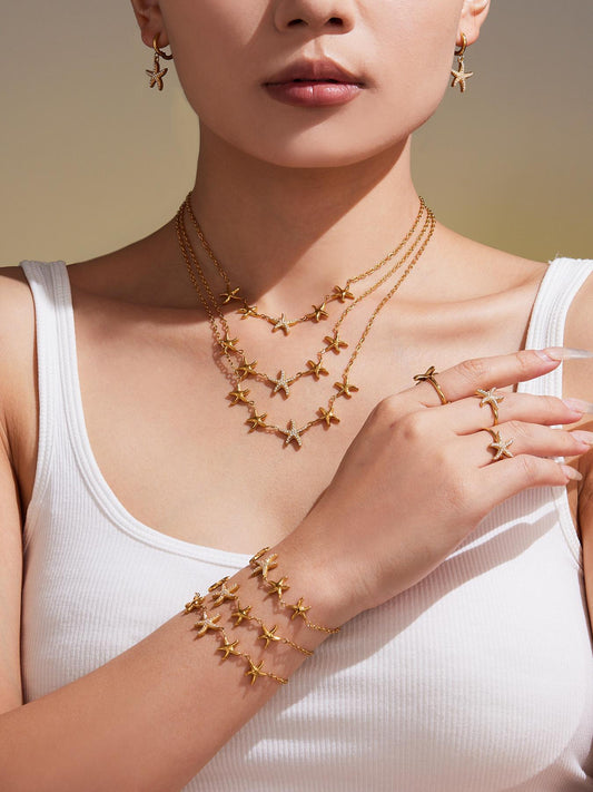 Ocean Star Pendant Necklace, Bracelet, Earrings & Ring Jewelry Set - Gold Stainless Steel