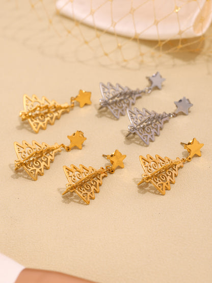 Stainless Steel Hollow Life Tree Drop Earrings – Gold Elegant Statement Dangle Earrings for Women