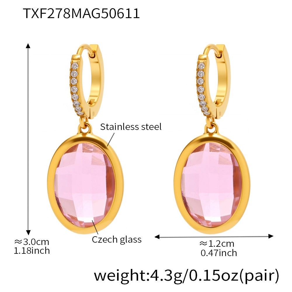 Colorful Oval Glass Stone Stainless Steel Drop Earrings – Elegant Lightweight Statement Jewelry | WANTI Jewelry