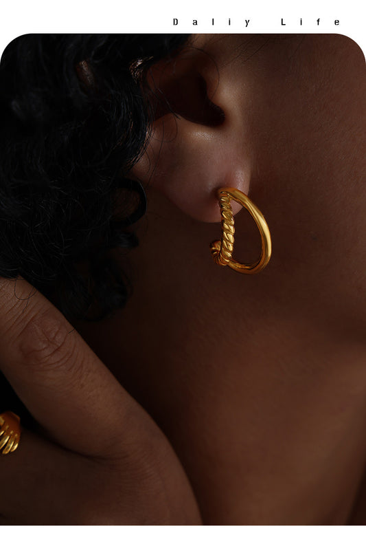 Double Layer C-Shaped Stainless Steel Hoop Earrings – Minimalist Thick Chunky Huggie Hoops for Women, Trendy Daily Jewelry