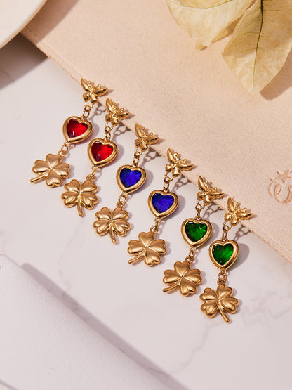 3D Butterfly & Clover Dangle Earrings with Heart Cubic Zirconia | Fashion Drop Earrings Set