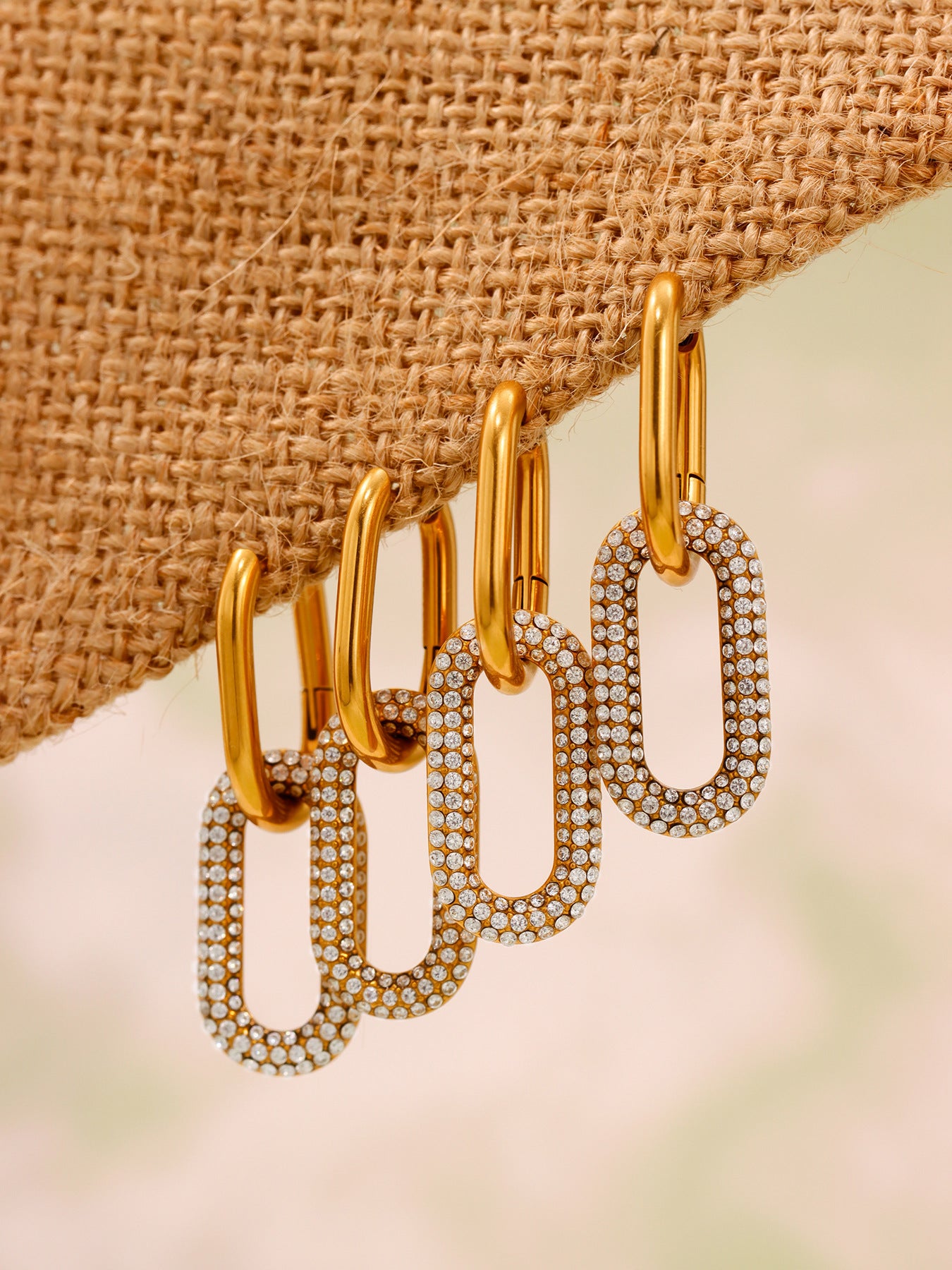 Gold Oval Zircon Dangle Earrings – Elegant Stainless Steel Full Zircon Hoop Earrings for Women