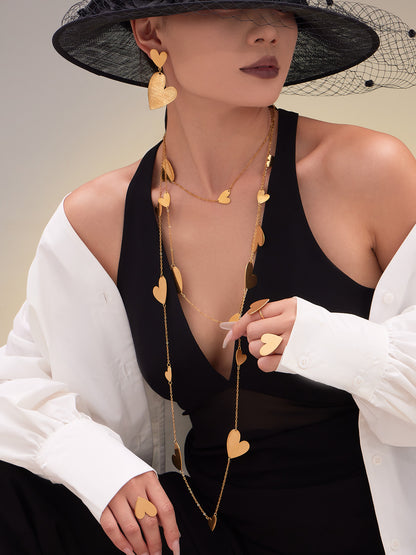 Stainless Steel Heart Sweater Chain Jewelry Set – Long Heart Necklace + Heart Earrings + Heart Ring | Fashion Gift Set