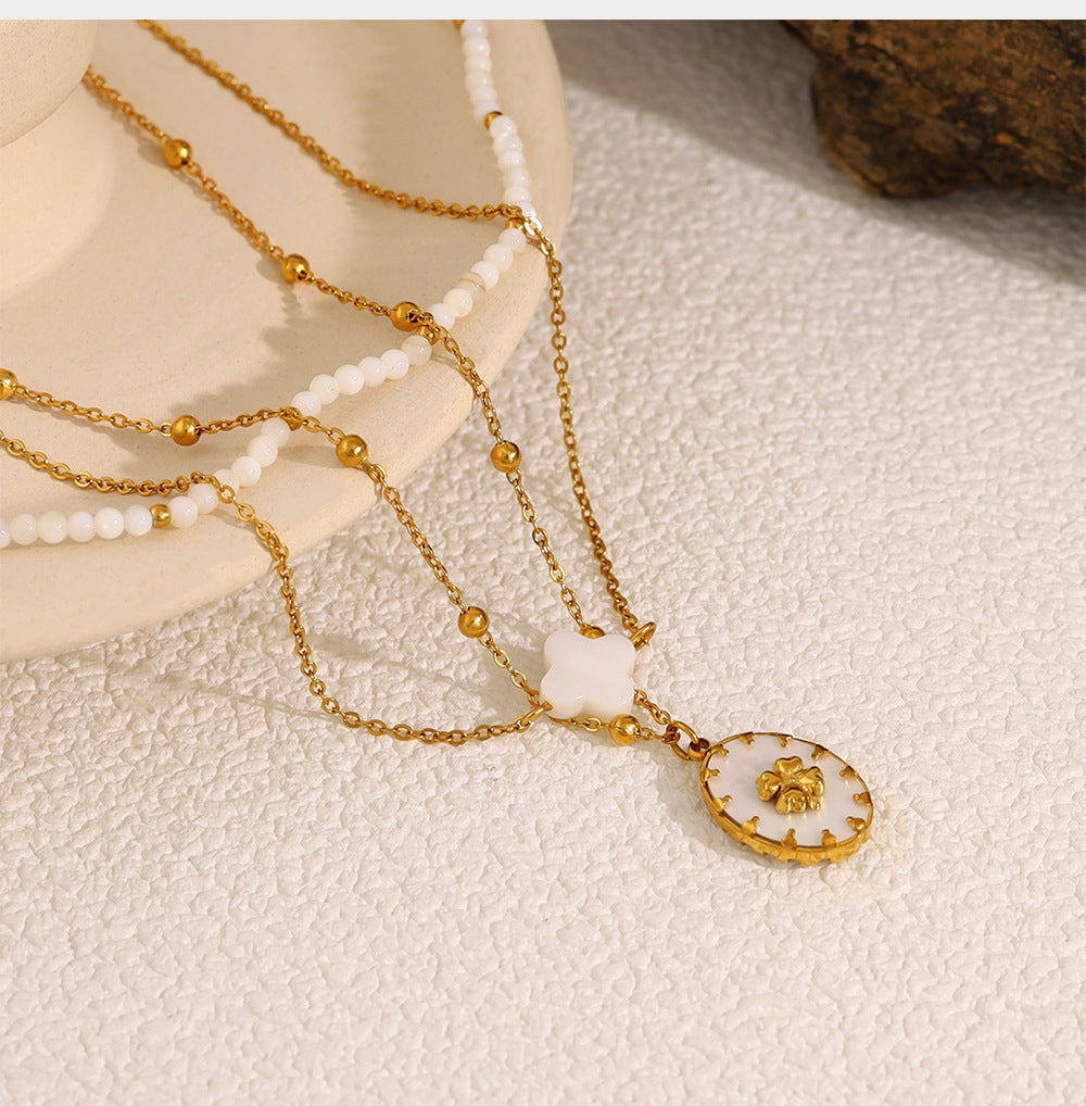 18K Gold Plated Titanium Steel Oval Flower Pendant Double Layer Beaded Necklace | Elegant Fashion Jewelry Set