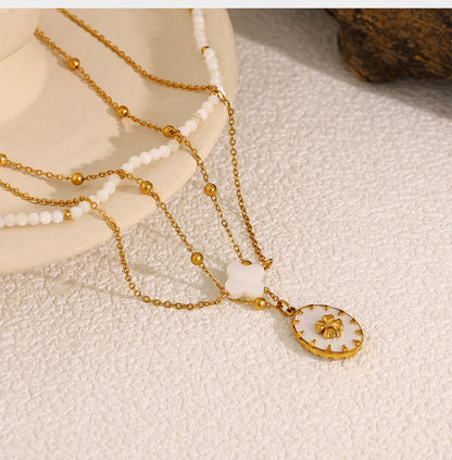 18K Gold Plated Titanium Steel Oval Flower Pendant Double Layer Beaded Necklace | Elegant Fashion Jewelry Set
