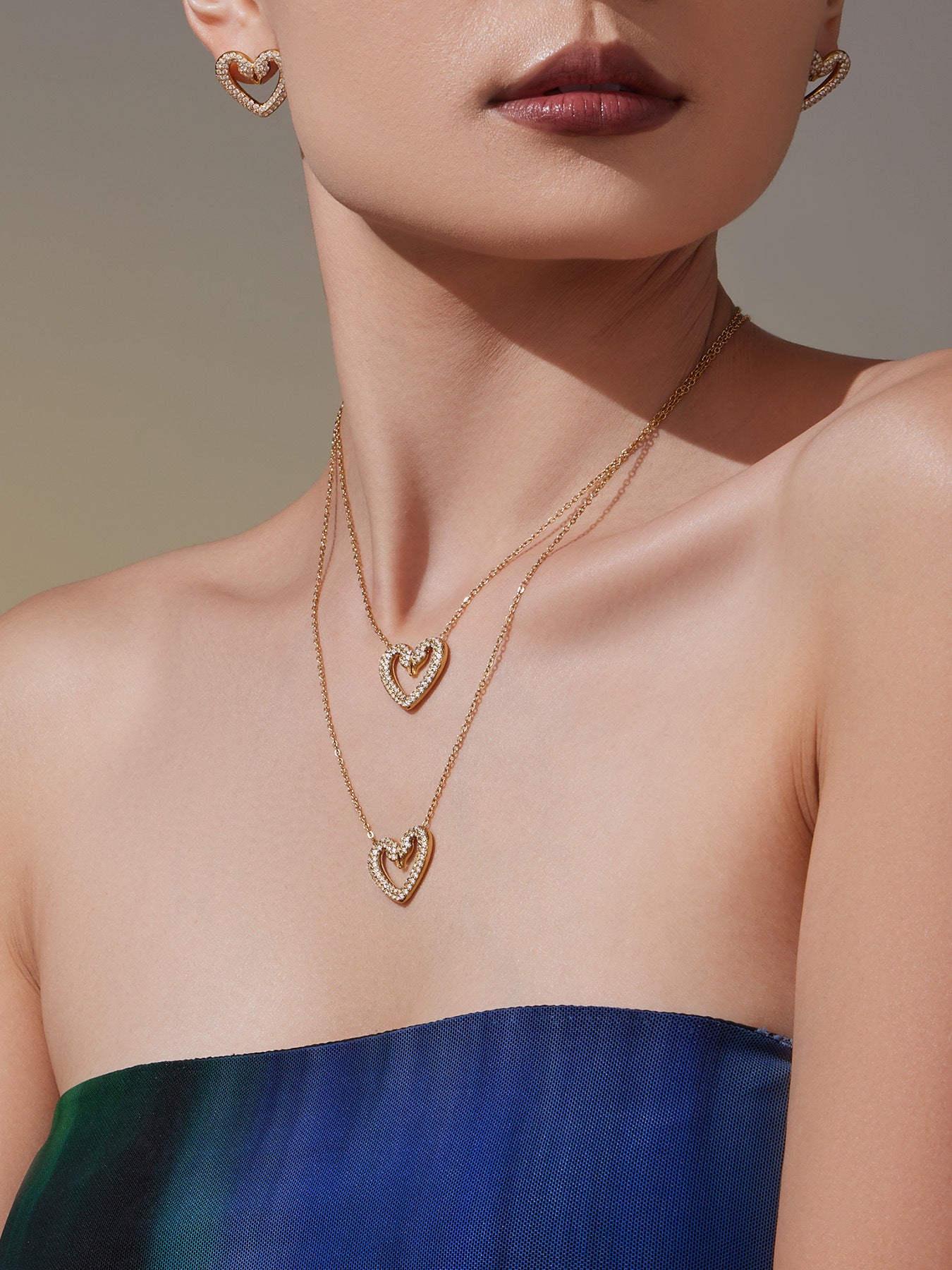 Stainless Steel Zircon Double Swan Heart Necklace, Bracelet, Ring & Earrings Jewelry Set