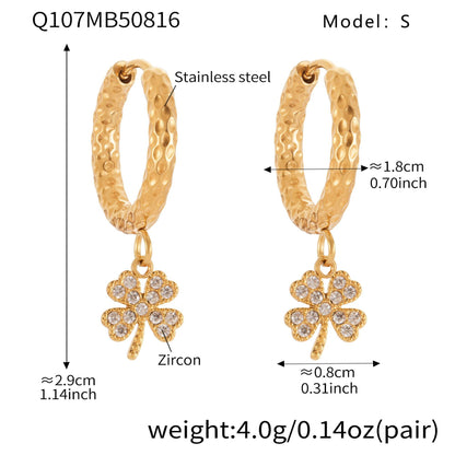 Stainless Steel Zircon Clover Dangle Earrings Set – U-Shaped Hoop Layering Earrings | Lucky Four-Leaf Clover Jewelry Gift for Women