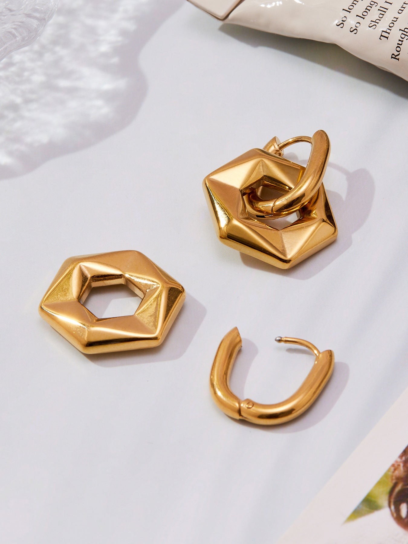 Stainless Steel Hexagon Hoop Earrings – Geometric Vintage Minimalist Earrings for Women, High-End Fashion Jewelry